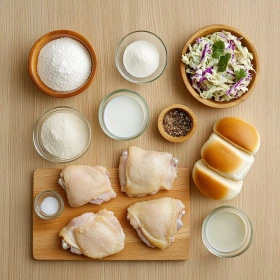 Step-by-step preparation of Crispy Thai Fried Chicken Sandwich showing ingredients and initial cooking steps