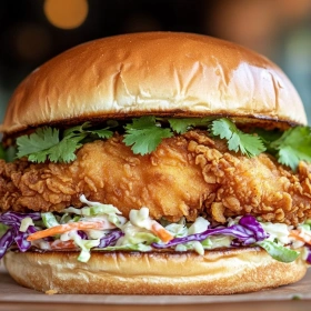 Close-up of Crispy Thai Fried Chicken Sandwich showing texture, layers, and glossy finish