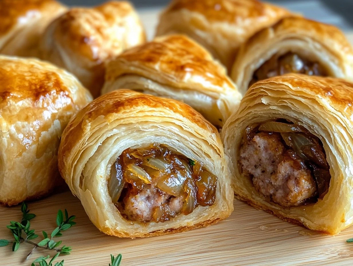 Perfectly cooked Savory French Onion Sausage Rolls served and ready to eat - final result