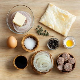 Step-by-step preparation of Savory French Onion Sausage Rolls showing ingredients and initial cooking steps