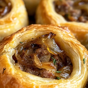 Close-up of Savory French Onion Sausage Rolls showing texture, layers, and glossy finish