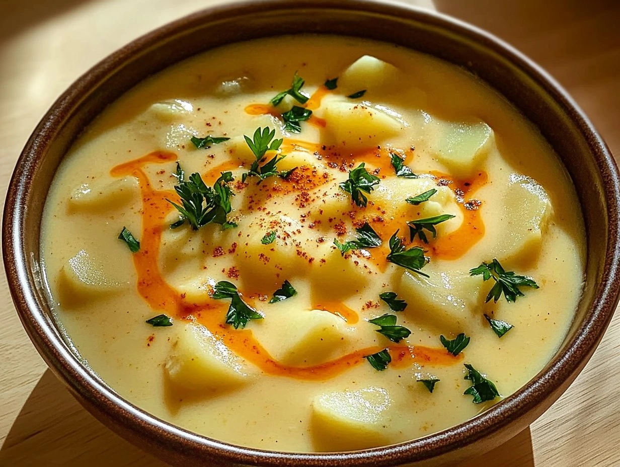 Perfectly cooked Cozy Cheddar Garlic Potato Soup served and ready to eat - final result