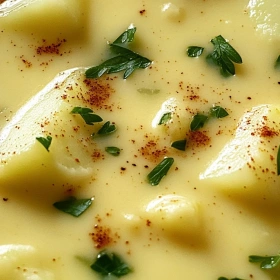 Close-up of Cozy Cheddar Garlic Potato Soup showing texture, layers, and glossy finish