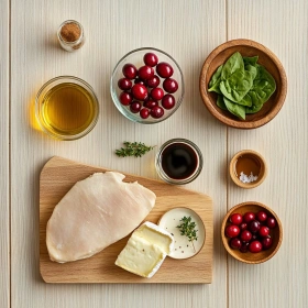 Step-by-step preparation of Cranberry & Brie Stuffed Chicken showing ingredients and initial cooking steps