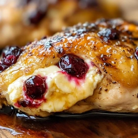 Close-up of Cranberry & Brie Stuffed Chicken showing texture, layers, and glossy finish