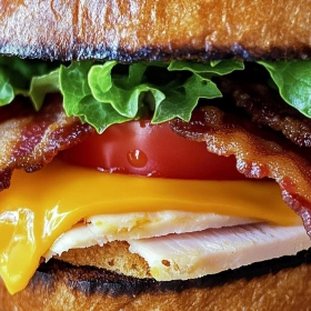 Close-up of Ultimate Crispy Loaded Club Sandwich showing texture, layers, and glossy finish