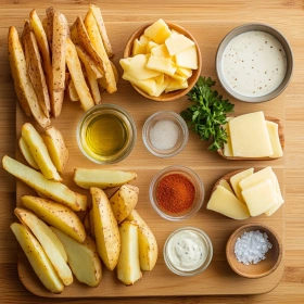 Step-by-step preparation of Spicy Louisiana Voodoo Fries showing ingredients and initial cooking steps