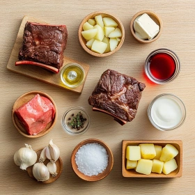 Step-by-step preparation of Braised Beef Short Ribs with Herb Mash showing ingredients and initial cooking steps