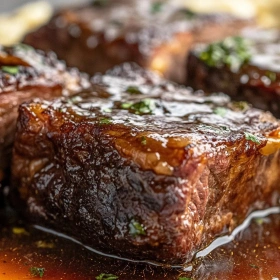 Close-up of Braised Beef Short Ribs with Herb Mash showing texture, layers, and glossy finish
