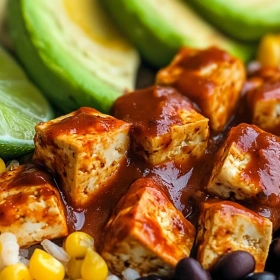 Close-up of Spicy Chipotle Tofu Bowl showing texture, layers, and glossy finish