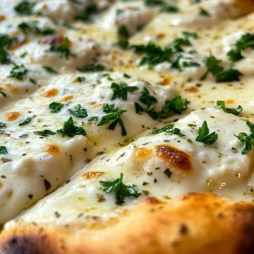 Close-up of Garlic Herb White Sauce Pizza showing texture, layers, and glossy finish