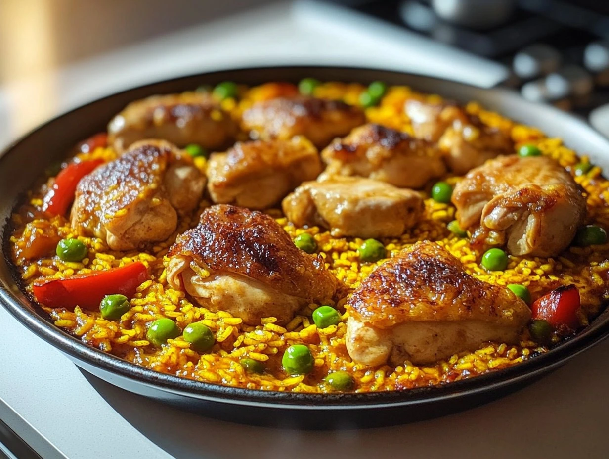 Perfectly cooked Savory Spanish Chicken Paella served and ready to eat - final result