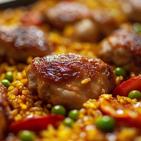 Close-up of Savory Spanish Chicken Paella showing texture, layers, and glossy finish