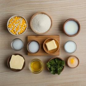 Step-by-step preparation of Venezuelan Sweet Corn Cachapas showing ingredients and initial cooking steps