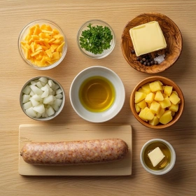 Step-by-step preparation of Savory Sausage Potato Loaf showing ingredients and initial cooking steps