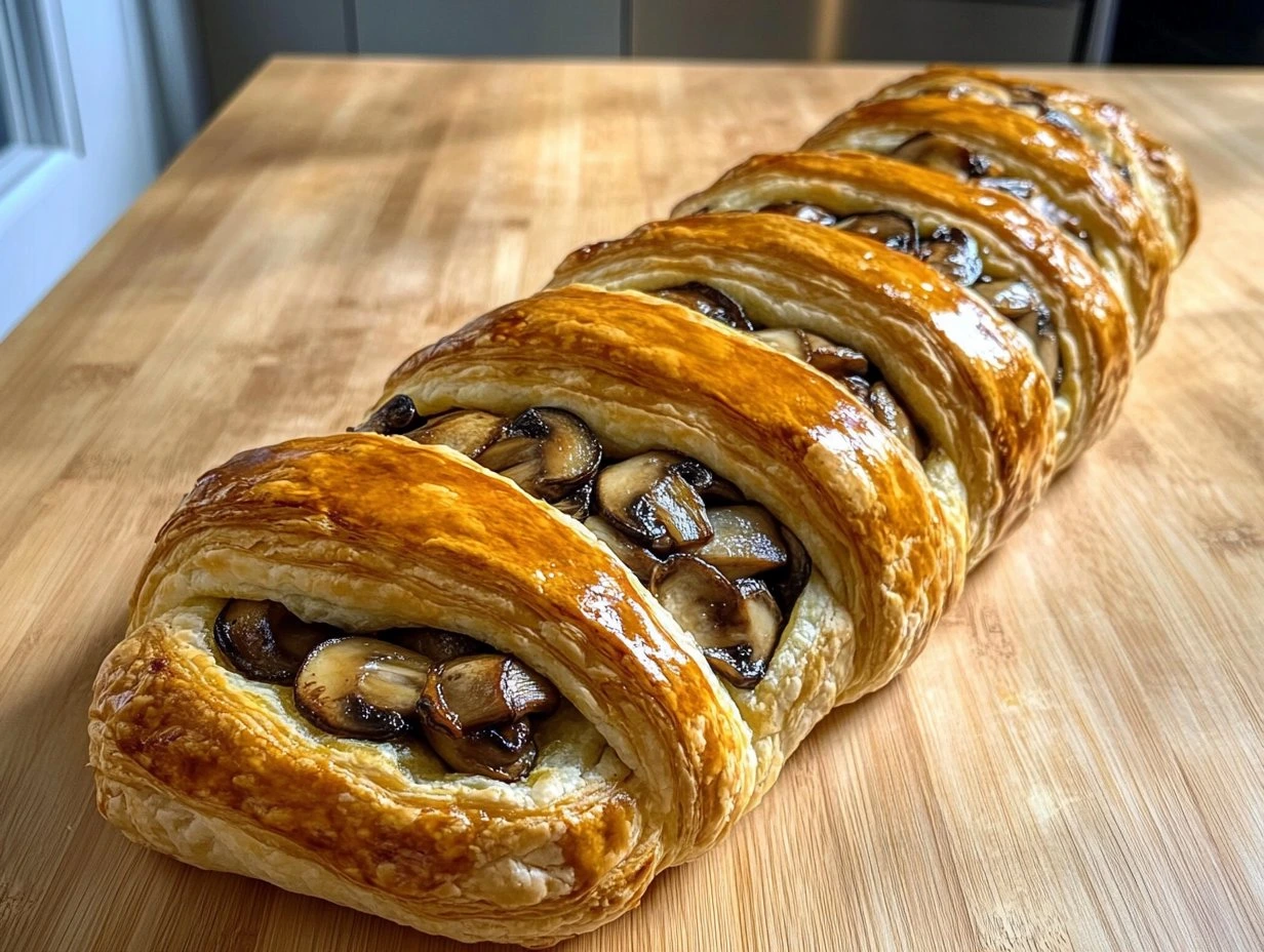 Perfectly cooked Savory Mushroom Puff Pastry Braid served and ready to eat - final result