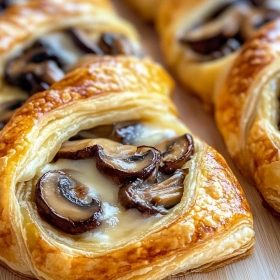 Close-up of Savory Mushroom Puff Pastry Braid showing texture, layers, and glossy finish