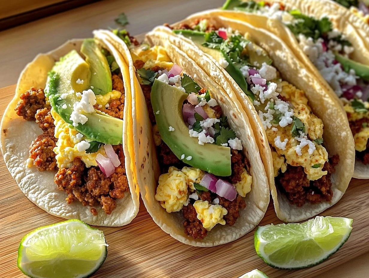 Perfectly cooked Hearty Chorizo Breakfast Tacos served and ready to eat - final result