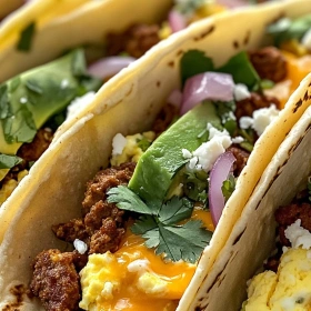 Close-up of Hearty Chorizo Breakfast Tacos showing texture, layers, and glossy finish
