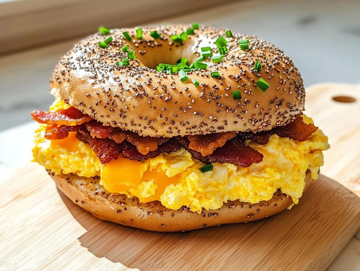 Perfectly cooked Ultimate Breakfast Bagel Sandwich served and ready to eat - final result