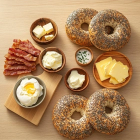 Step-by-step preparation of Ultimate Breakfast Bagel Sandwich showing ingredients and initial cooking steps