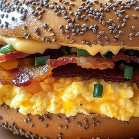 Close-up of Ultimate Breakfast Bagel Sandwich showing texture, layers, and glossy finish