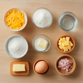 Step-by-step preparation of Savory Ham and Cheese Biscuits showing ingredients and initial cooking steps