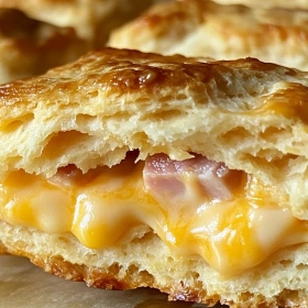 Close-up of Savory Ham and Cheese Biscuits showing texture, layers, and glossy finish