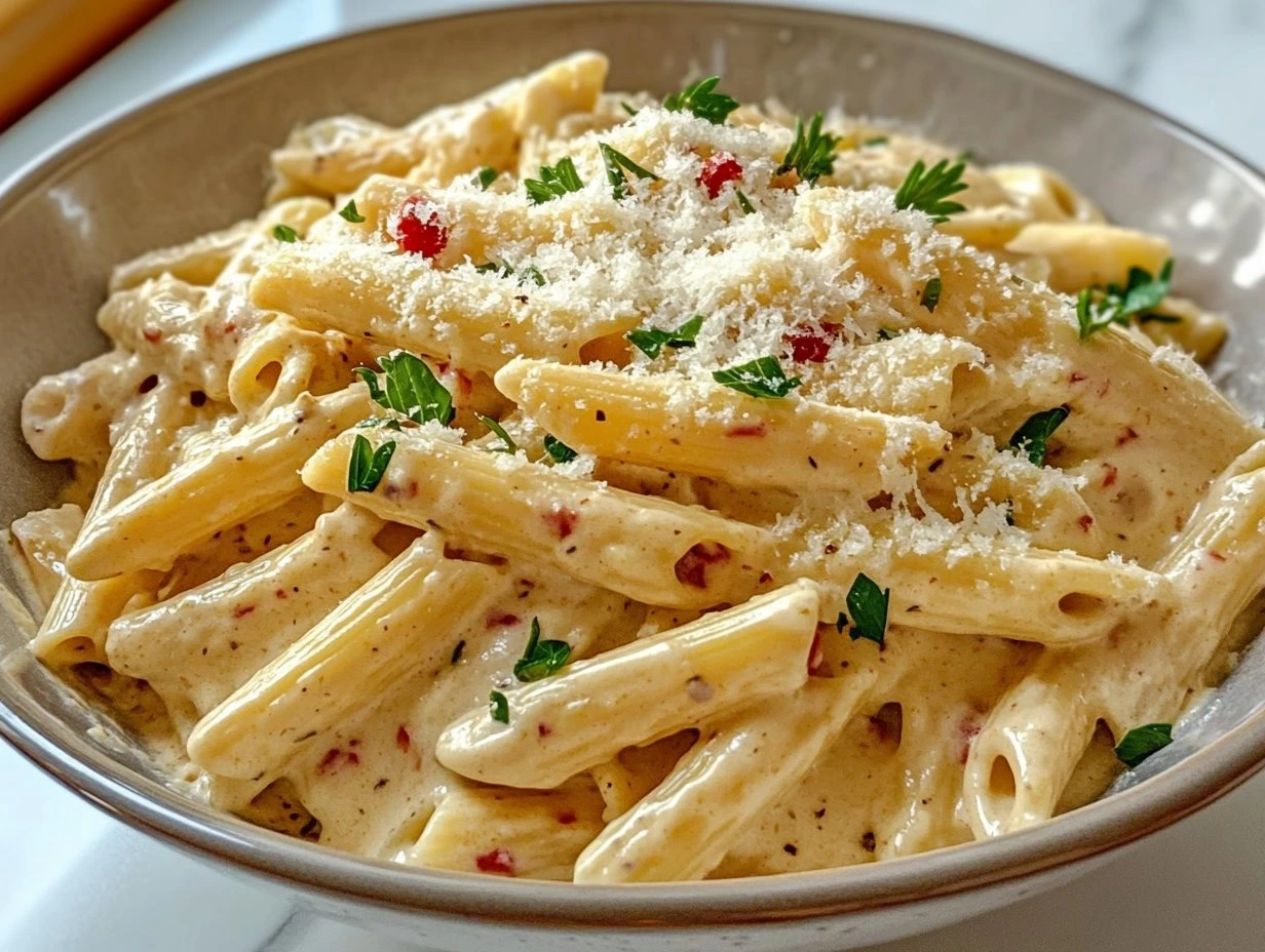Perfectly cooked One-Pot Creamy Garlic Pasta served and ready to eat - final result