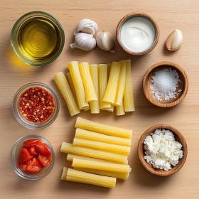 Step-by-step preparation of Creamy Tomato Garlic Pasta Delight showing ingredients and initial cooking steps