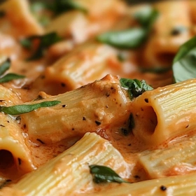 Close-up of Creamy Tomato Garlic Pasta Delight showing texture, layers, and glossy finish