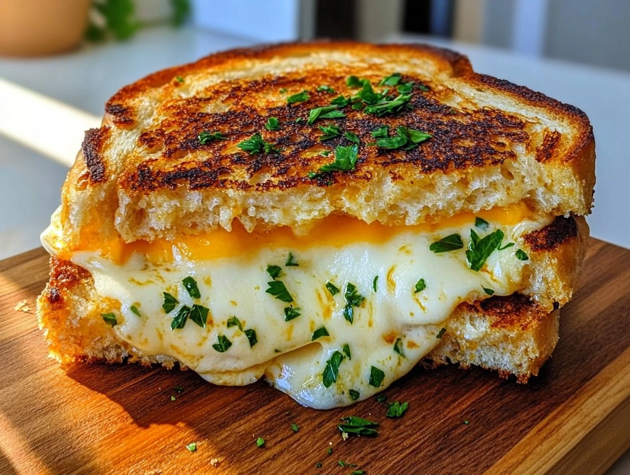 Perfectly cooked Garlic Bread Grilled Cheese Delight served and ready to eat - final result
