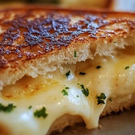 Close-up of Garlic Bread Grilled Cheese Delight showing texture, layers, and glossy finish