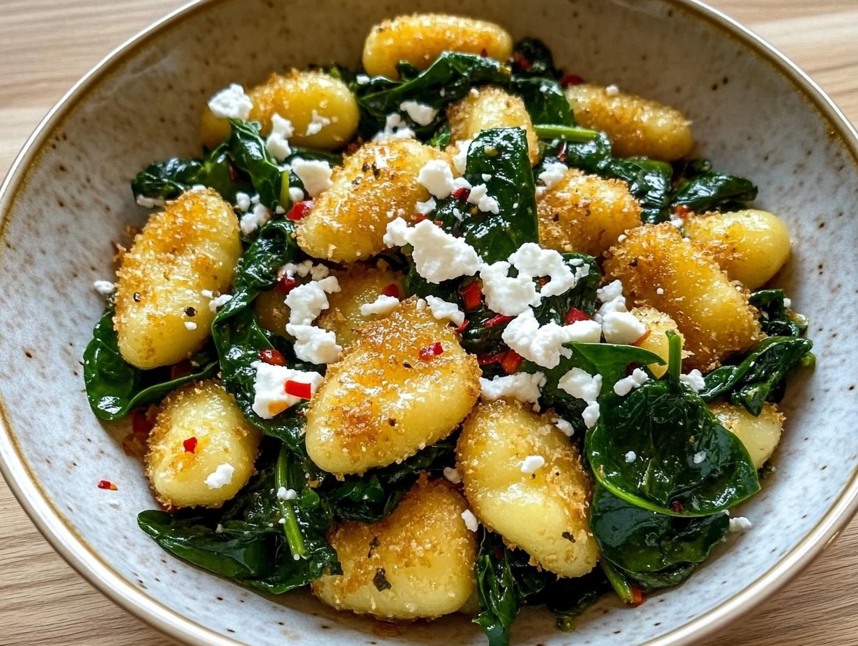 Perfectly cooked Crispy Gnocchi with Spinach and Feta served and ready to eat - final result