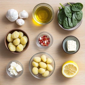Step-by-step preparation of Crispy Gnocchi with Spinach and Feta showing ingredients and initial cooking steps
