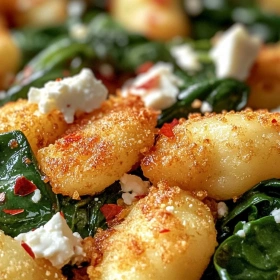 Close-up of Crispy Gnocchi with Spinach and Feta showing texture, layers, and glossy finish
