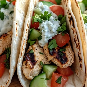 Close-up of Zesty Mediterranean Chicken Tacos showing texture, layers, and glossy finish