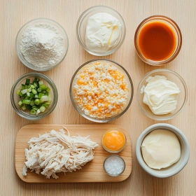 Step-by-step preparation of Crispy Buffalo Chicken Bombs showing ingredients and initial cooking steps
