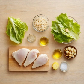 Step-by-step preparation of Grilled Chicken Caesar Pasta Delight showing ingredients and initial cooking steps