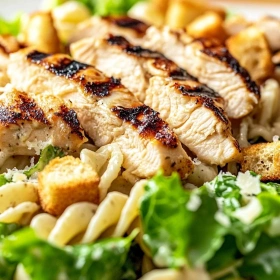 Close-up of Grilled Chicken Caesar Pasta Delight showing texture, layers, and glossy finish