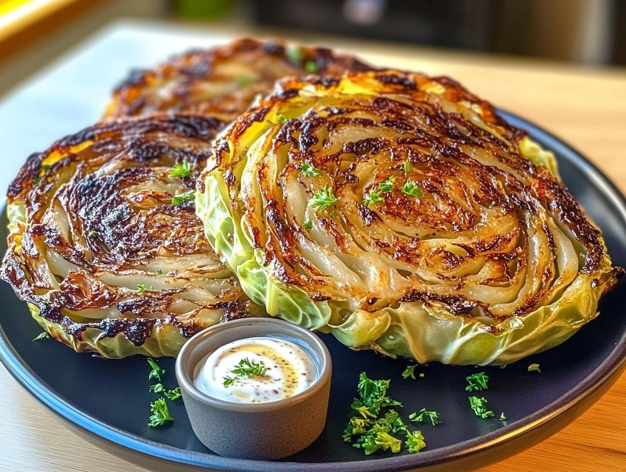 Perfectly cooked Crispy Roasted Cabbage Steaks served and ready to eat - final result