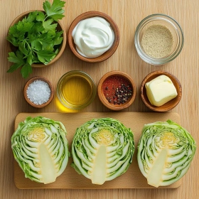 Step-by-step preparation of Crispy Roasted Cabbage Steaks showing ingredients and initial cooking steps