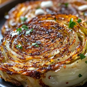 Close-up of Crispy Roasted Cabbage Steaks showing texture, layers, and glossy finish