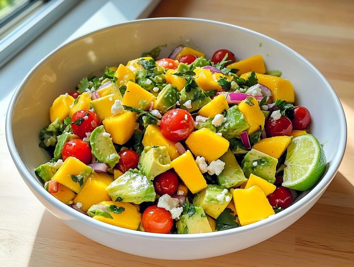 Perfectly cooked Avocado Mango Salad with Lime served and ready to eat - final result