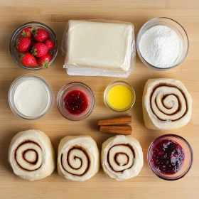 Step-by-step preparation of Strawberry Cheesecake Cinnabon Rolls showing ingredients and initial cooking steps