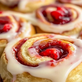 Close-up of Strawberry Cheesecake Cinnabon Rolls showing texture, layers, and glossy finish