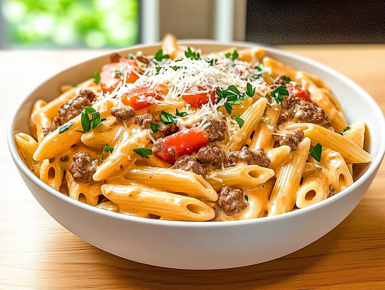 Perfectly cooked Quick Creamy Beef Pasta served and ready to eat - final result