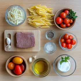 Step-by-step preparation of Quick Creamy Beef Pasta showing ingredients and initial cooking steps