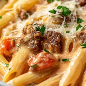 Close-up of Quick Creamy Beef Pasta showing texture, layers, and glossy finish
