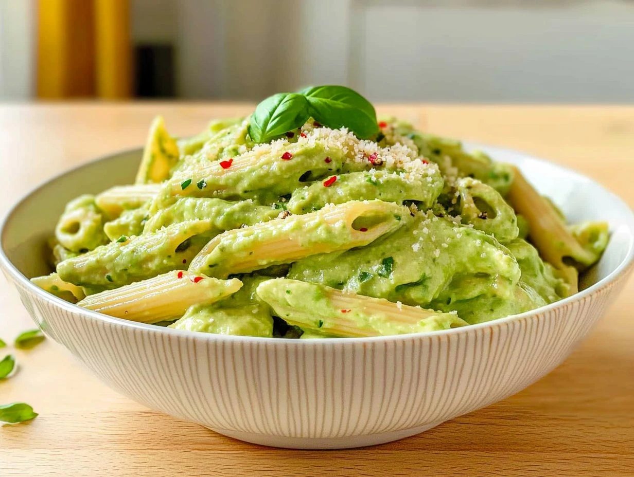 Perfectly cooked Creamy Avocado Pasta served and ready to eat - final result